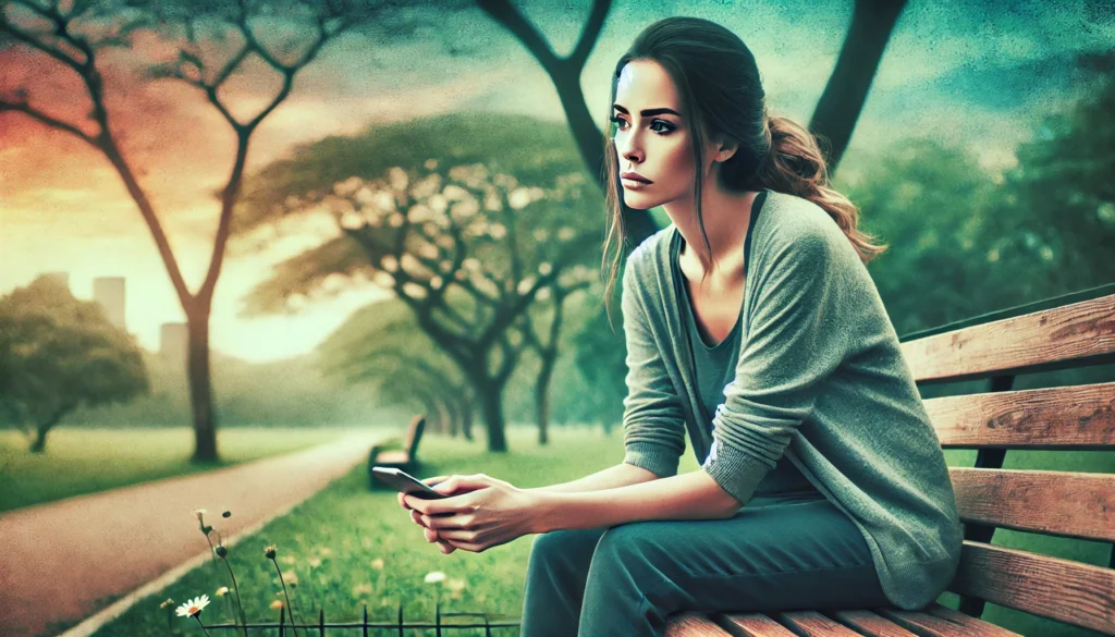 Femme assise seule sur un banc de parc, réfléchissant à comment surmonter une relation toxique.