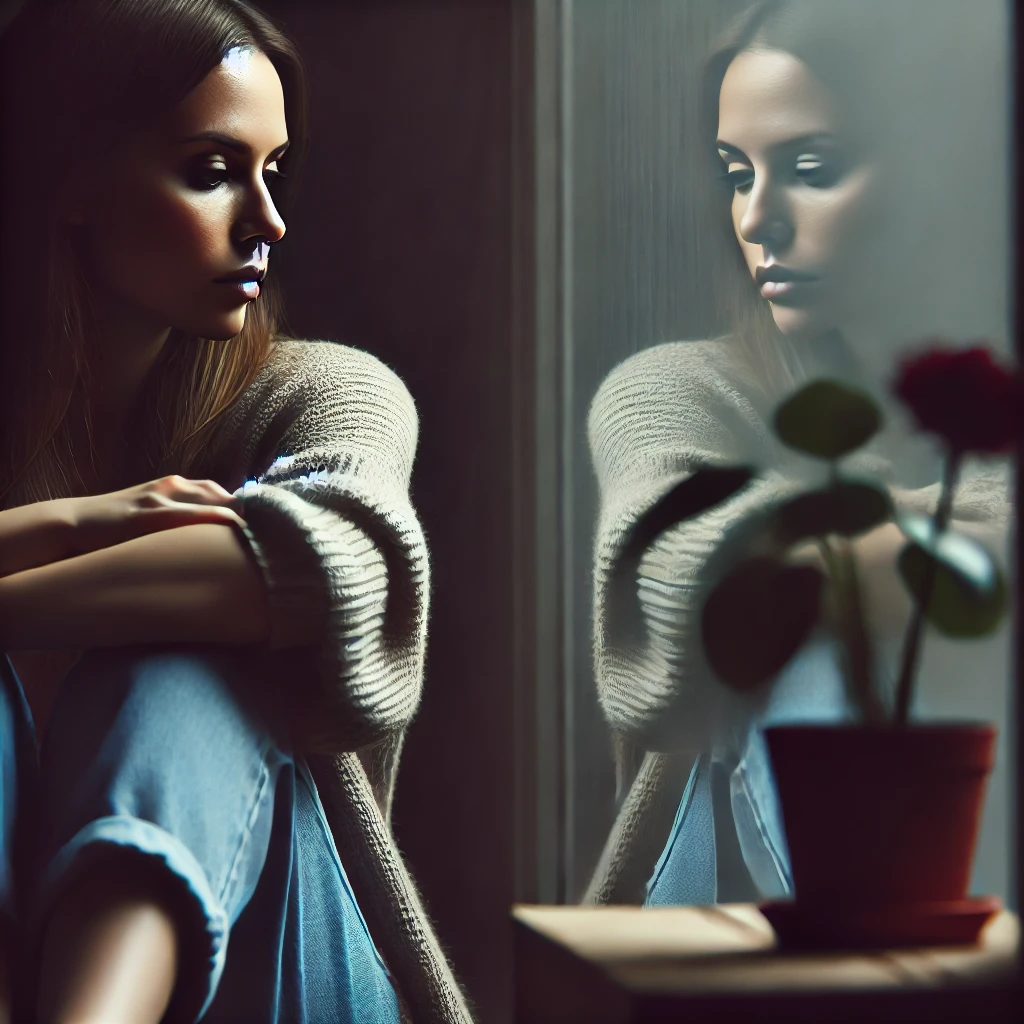 Une femme pensive et triste portant un pull, reflétant les effets de la dévalorisation dans une relation toxique.