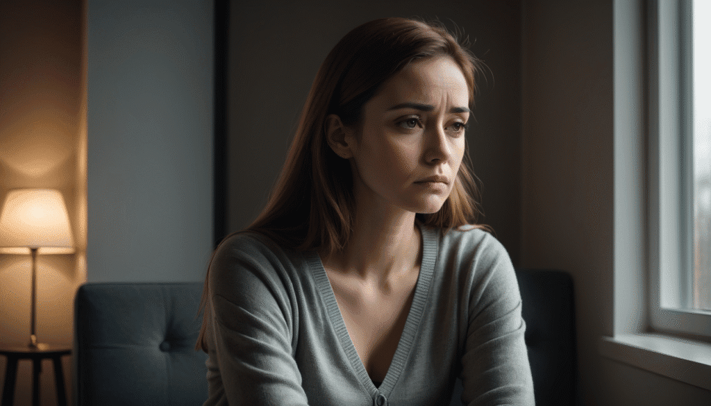 ne femme triste et pensive assise près d'une fenêtre, symbolisant les effets émotionnels de la dévalorisation dans une relation toxique.