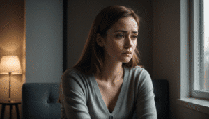 ne femme triste et pensive assise près d'une fenêtre, symbolisant les effets émotionnels de la dévalorisation dans une relation toxique.