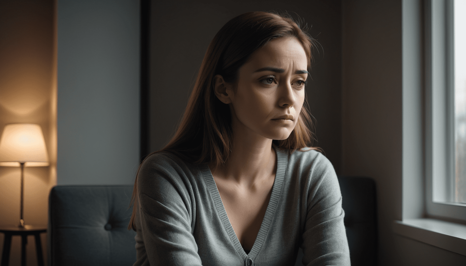ne femme triste et pensive assise près d'une fenêtre, symbolisant les effets émotionnels de la dévalorisation dans une relation toxique.