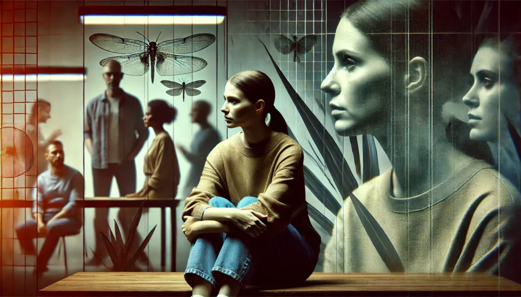 Femme épuisée dans un environnement stressant, représentant une relation toxique.