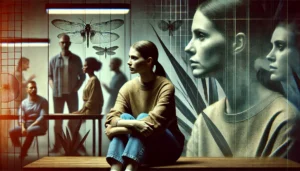 Femme épuisée dans un environnement stressant, représentant une relation toxique.