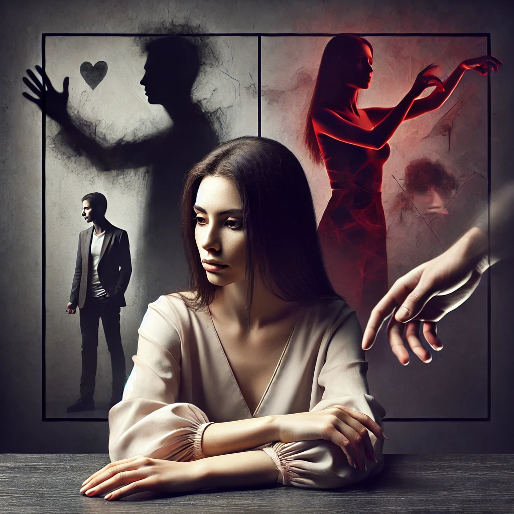 Femme fatiguée dans une relation toxique, entourée de symboles de manipulation.