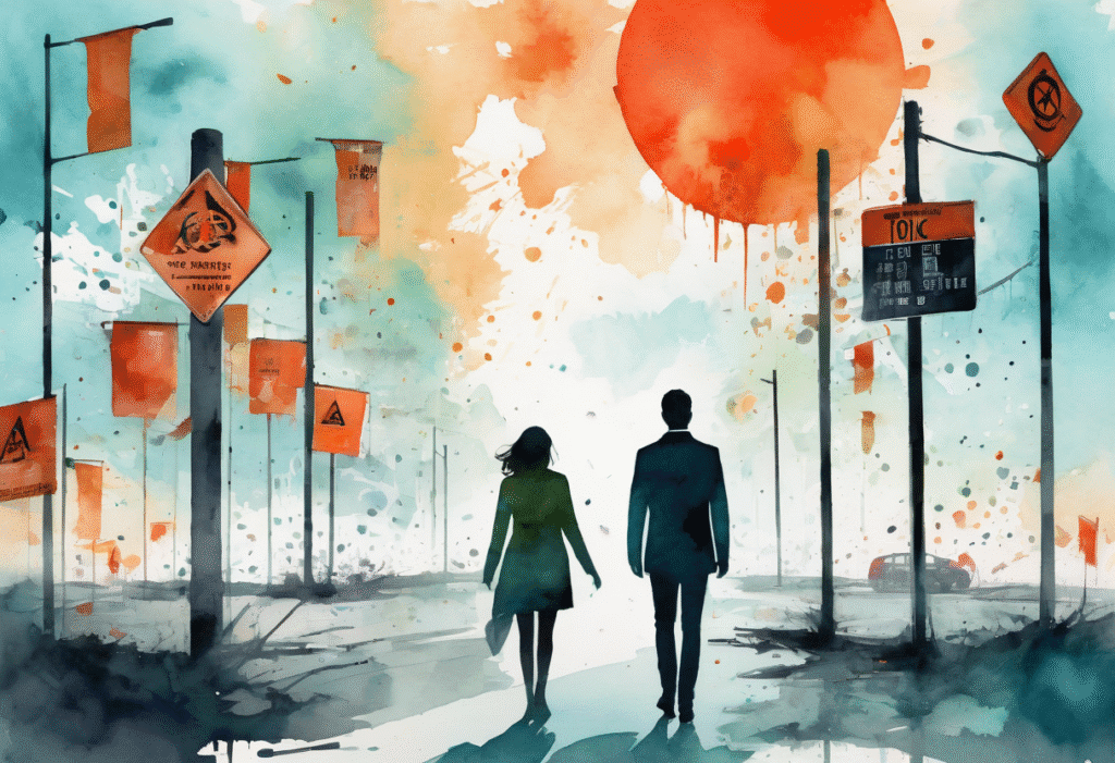 Deux personnes marchant dans une rue, entourées de panneaux indiquant des signaux d'alerte, représentant les signes précoces d'une relation toxique.