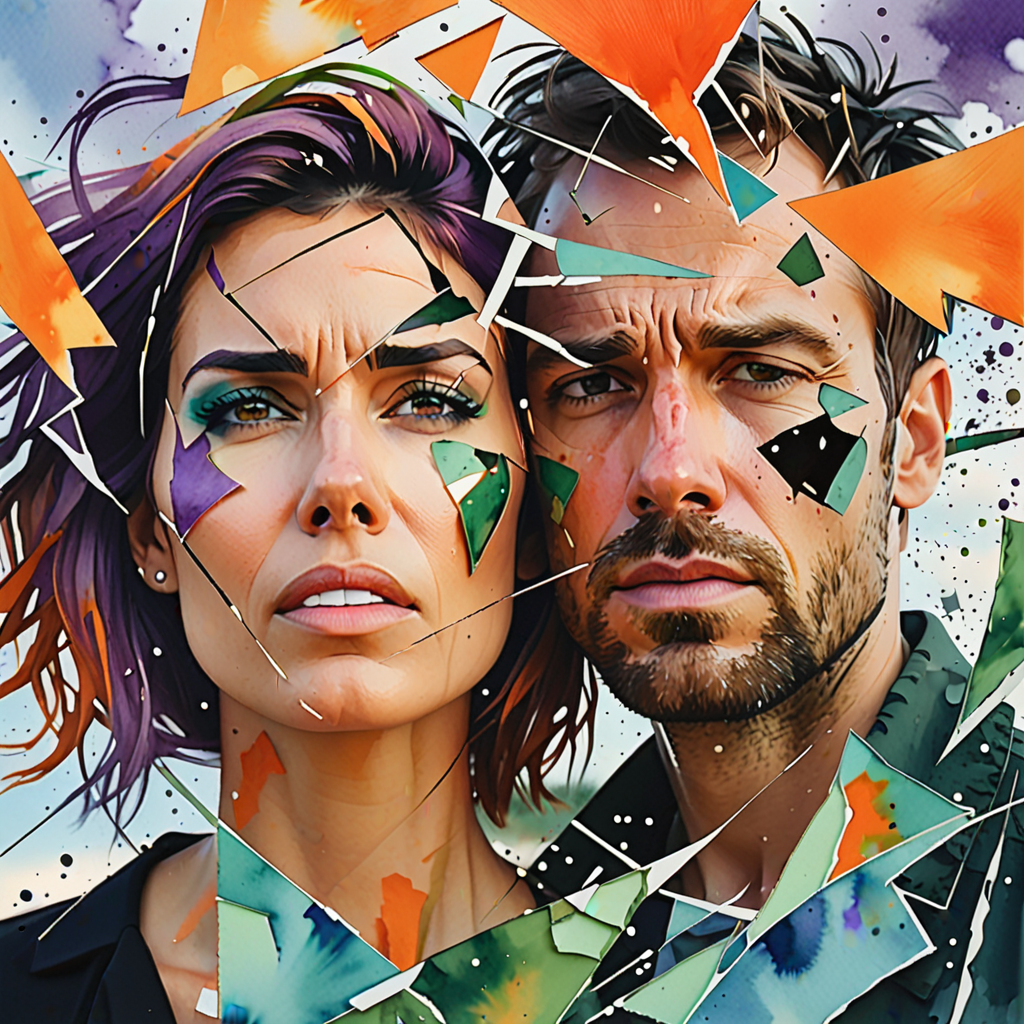 Un couple entouré de morceaux brisés, symbolisant la destruction d'une relation toxique.