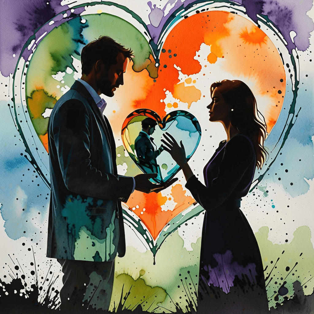 Couple en silhouette avec un cœur en verre devant un fond coloré