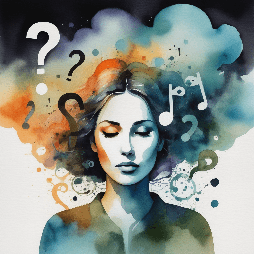 Portrait artistique d'une femme aux yeux fermés, entourée de couleurs abstraites, de points d'interrogation et de symboles de notes de musique, symbolisant la confusion et la réflexion intérieure.