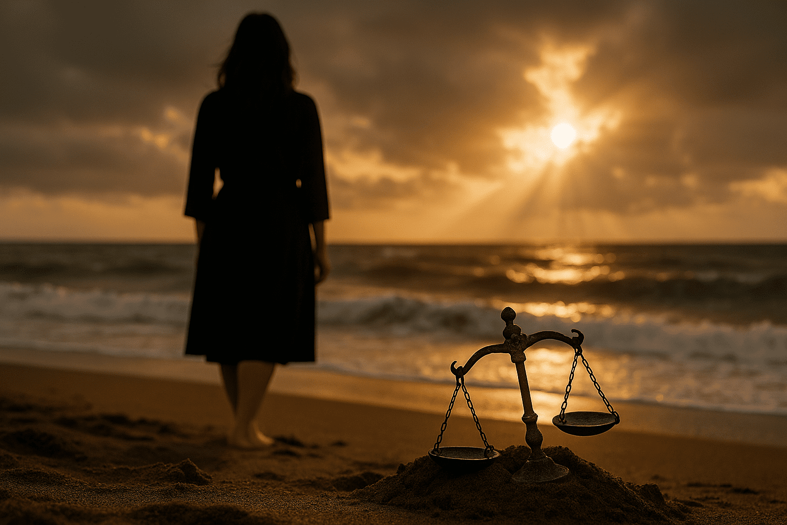 Silhouette d’une femme debout sur une plage au coucher du soleil, face à l’océan, avec une balance de justice brisée dans le sable. Une image symbolique illustrant la quête de justice, le doute et la persistance de la honte dans l’affaire Pelicot.