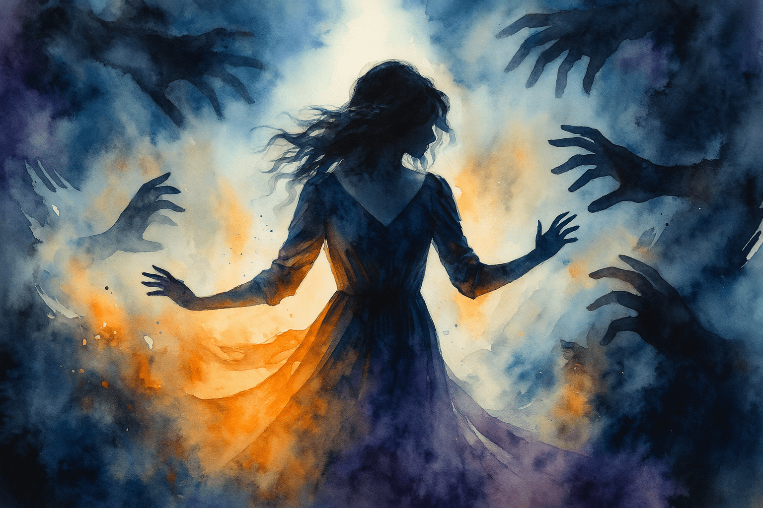 Illustration métaphorique en aquarelle : une femme au centre d’une scène oppressante, entourée d’ombres et de fumées, symbolisant la confusion, la peur et la perte de repères provoquées par la manipulation dans le couple.