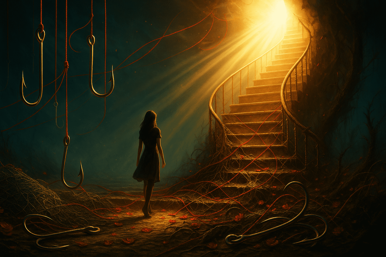 Illustration symbolique représentant une femme attirée par un escalier doré lumineux, mais entouré de pièges visibles : hameçons, filets et fils rouges. Une métaphore visuelle de l’attirance dangereuse et des relations toxiques.