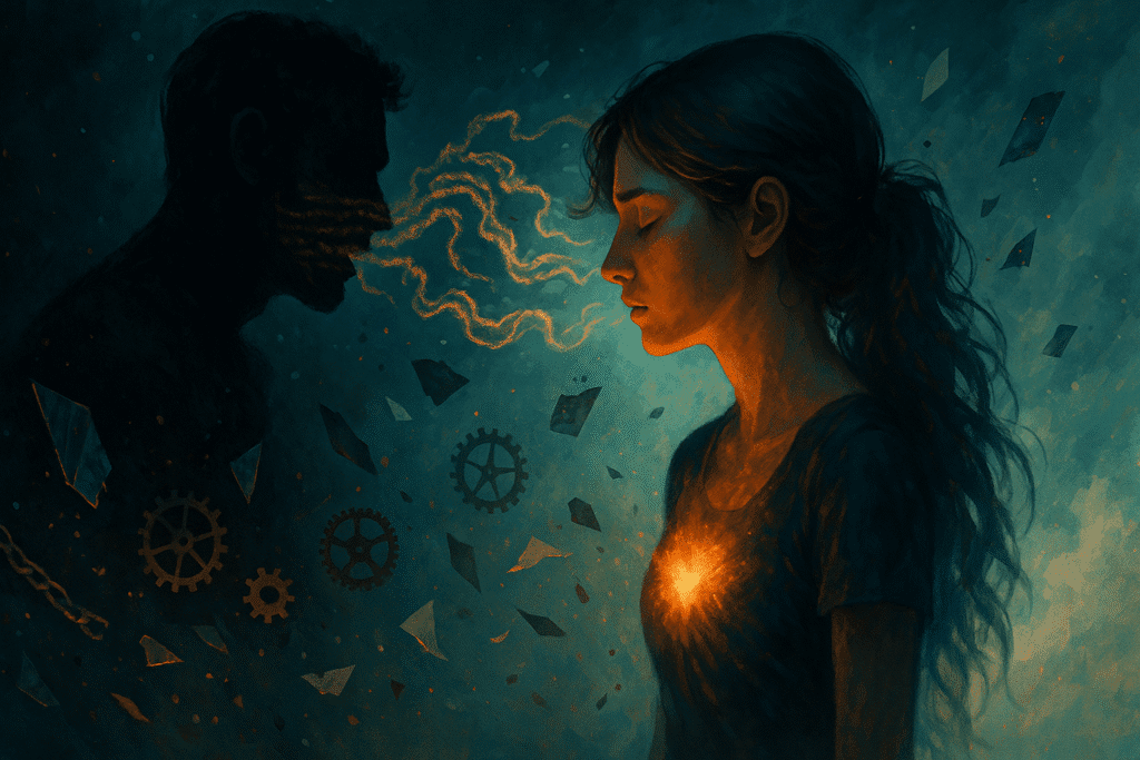 femme illuminée au cœur faisant face à une silhouette sombre