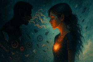 femme illuminée au cœur faisant face à une silhouette sombre