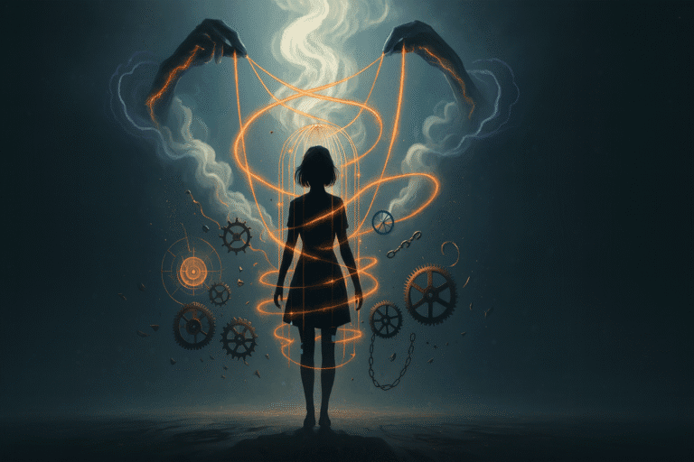 silhouette féminine contrôlée par des fils lumineux