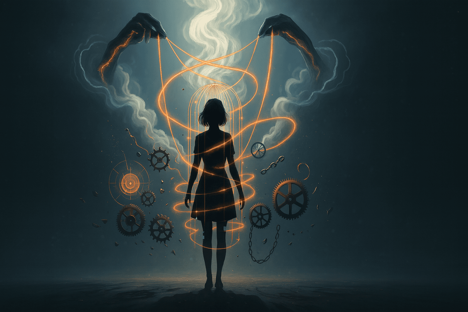 silhouette féminine contrôlée par des fils lumineux