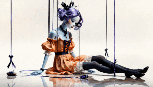 Illustration métaphorique en aquarelle : une marionnette assise, attachée par des fils, symbolisant l’emprise et les manipulations dans le couple.