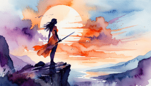 Illustration métaphorique en aquarelle : une femme debout sur un rocher, tenant une épée, face à un ciel lumineux, symbolisant la force et la libération.