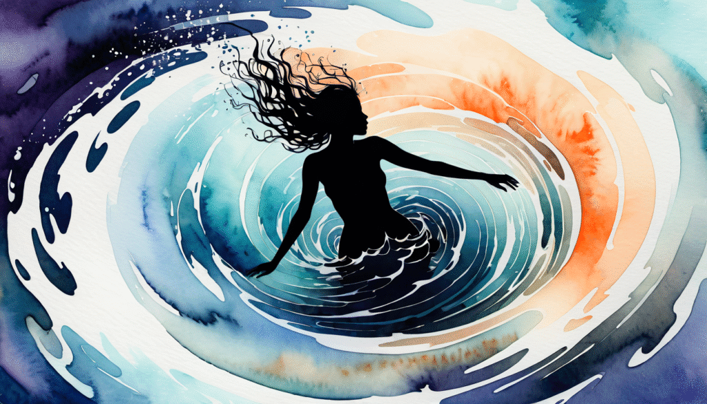 Illustration métaphorique en aquarelle : une femme est aspirée dans une spirale d’eau colorée, symbolisant l’emprise, la confusion et la perte de repères dans le couple.