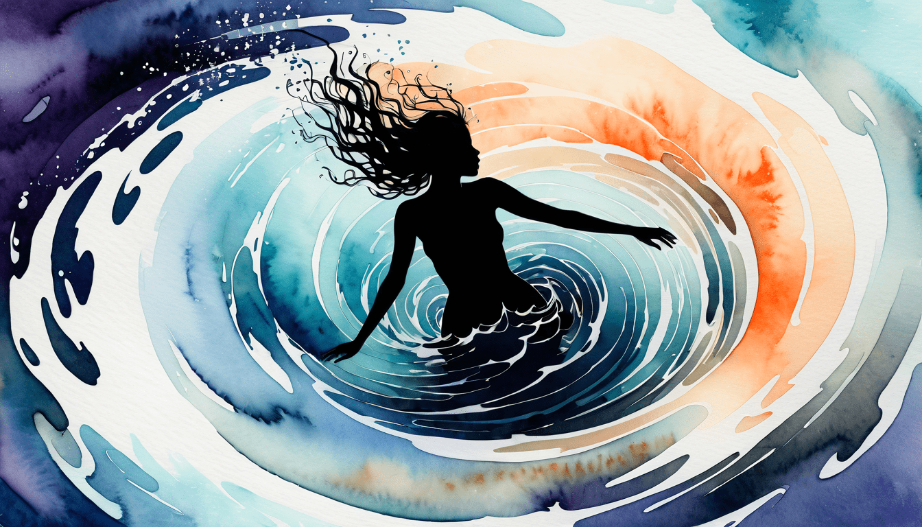 Illustration métaphorique en aquarelle : une femme est aspirée dans une spirale d’eau colorée, symbolisant l’emprise, la confusion et la perte de repères dans le couple.