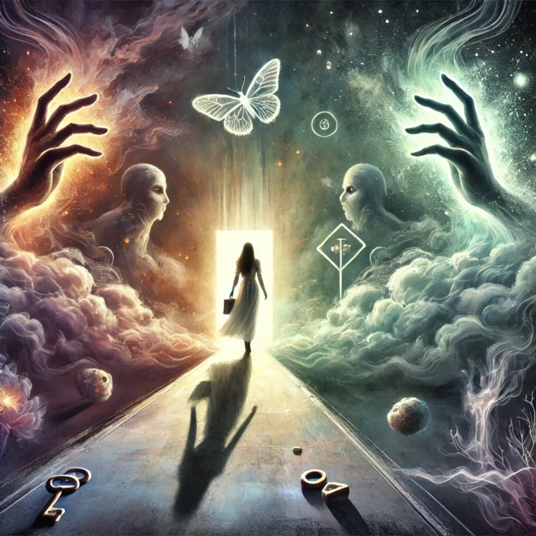 Illustration surréaliste représentant une femme se libérant de la manipulation déguisée en bienveillance, avançant vers un chemin lumineux tandis que des ombres disparaissent derrière elle.