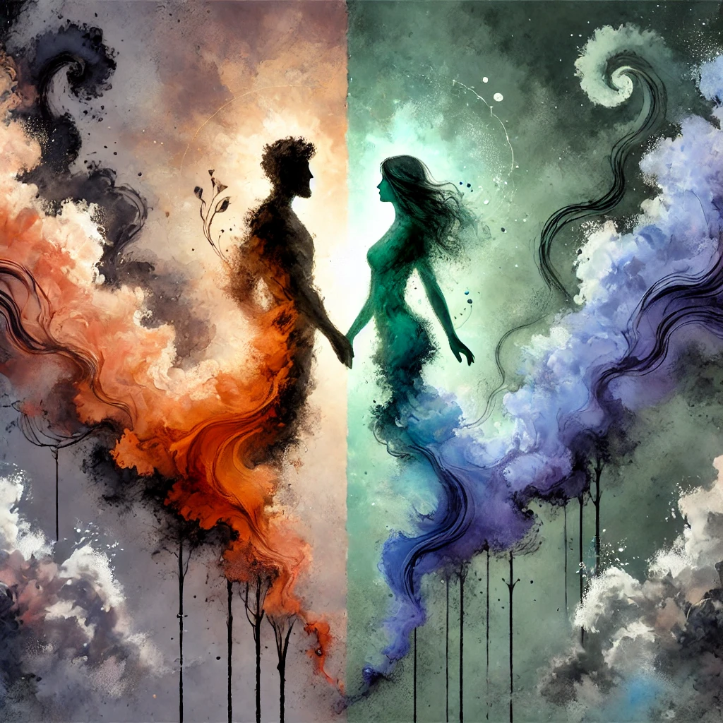 Illustration aquarelle représentant un couple debout, connecté mais sans lutte. Leurs énergies, en orange et violet, s’entrelacent harmonieusement, symbolisant un amour équilibré basé sur des efforts mutuels.