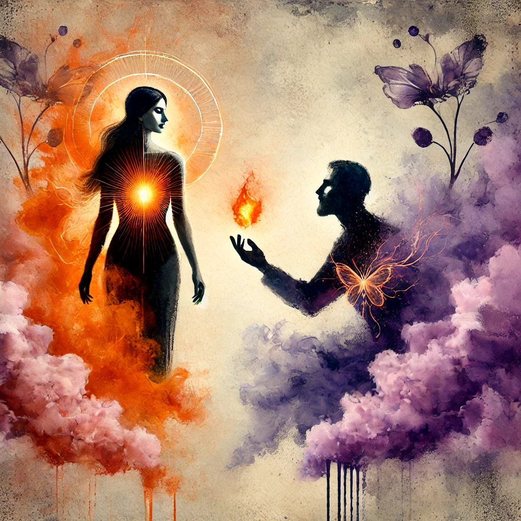 Illustration aquarelle représentant un amour sain et équilibré. Une femme rayonnante, entourée d’une aura orange, symbolise la stabilité émotionnelle, tandis qu’un homme dans un halo violet lui tend une flamme, illustrant la réciprocité et l’échange mutuel.