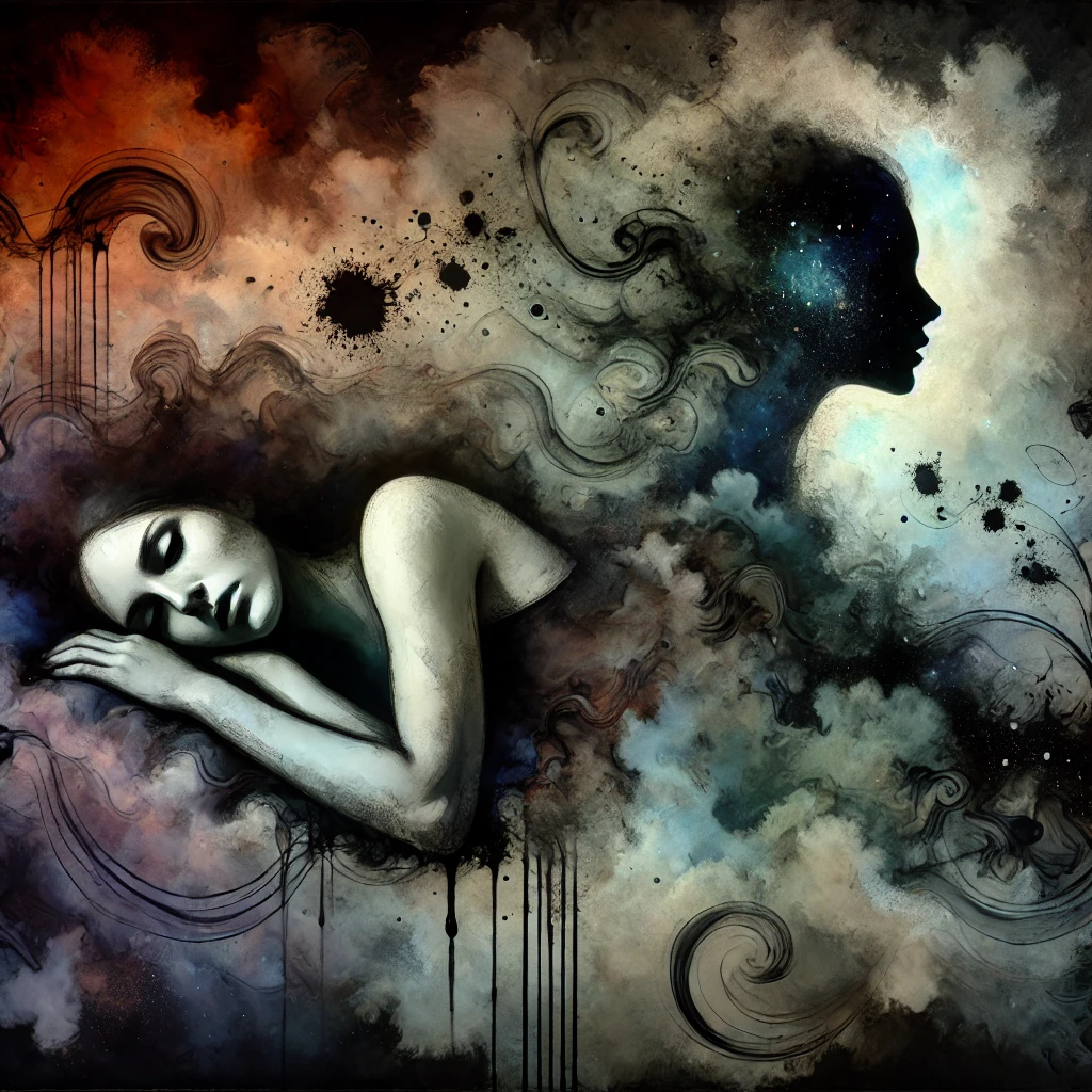 Aquarelle numérique surréaliste illustrant une femme tourmentée, allongée dans un décor sombre et brumeux. Son visage exprime l’anxiété et l’épuisement, tandis qu’une silhouette spectrale d’elle-même se dissipe dans l’arrière-plan, symbolisant la perte d’identité.