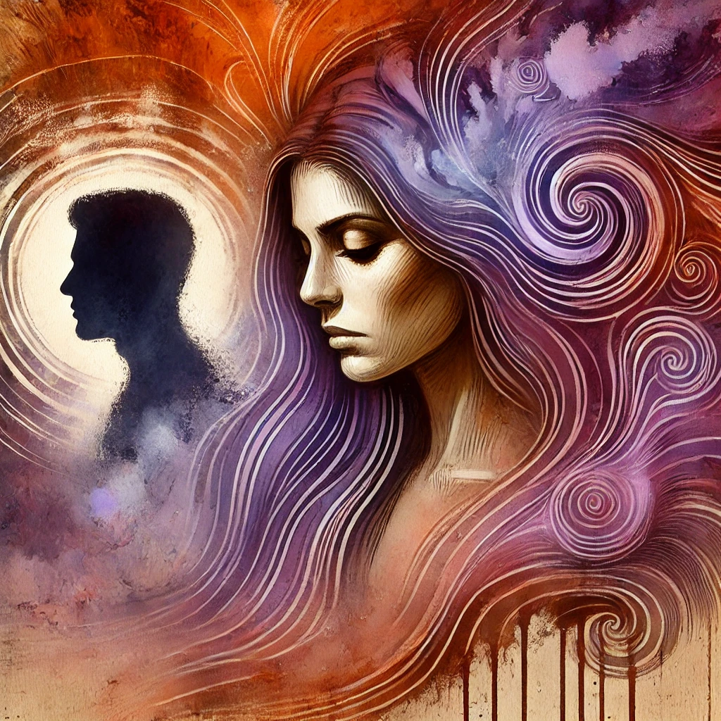 Illustration en aquarelle numérique représentant une femme empathique s’auto-culpabilisant en percevant le silence et la contrariété de son partenaire, bien qu’il ne dise rien. Son expression préoccupée traduit son hypersensibilité à l’émotion de l’autre, amplifiée par un fond abstrait et éthéré.