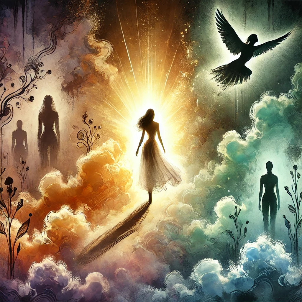 Illustration aquarelle numérique représentant une femme émergeant d’un brouillard sombre pour entrer dans une lumière chaleureuse, symbolisant le choix de se libérer d’une relation toxique.