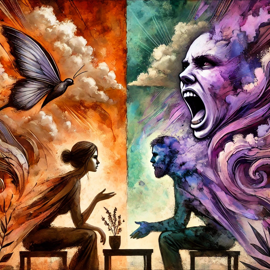 Illustration en aquarelle numérique contrastant une relation saine et une relation toxique. À gauche, un couple communique ouvertement avec bienveillance. À droite, une personne subit une pression émotionnelle dans un échange déséquilibré, illustrant l’impact de la culpabilisation sur la dynamique relationnelle.