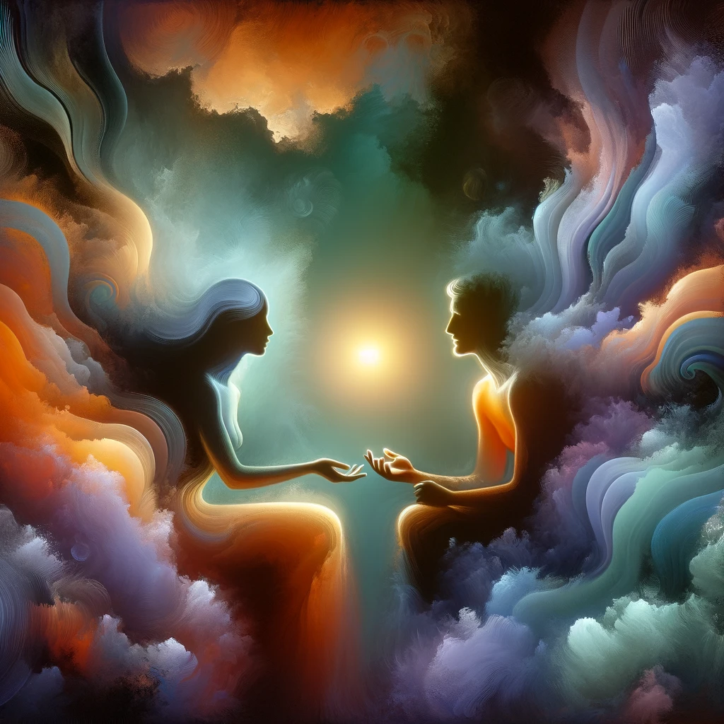 Deux personnes engagées dans une conversation calme et respectueuse, illuminées par une lumière chaleureuse, symbolisant la confiance et l’ouverture.