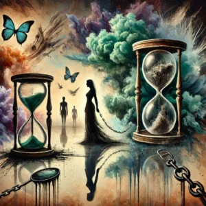 Illustration surréaliste représentant une femme seule dans un paysage brumeux, entourée de symboles évoquant les conséquences du traitement silencieux : un sablier fissuré illustrant le temps perdu, un miroir brisé reflétant une image déformée d’elle-même, et des chaînes discrètes enroulées autour de ses poignets, symbolisant l’emprise émotionnelle.