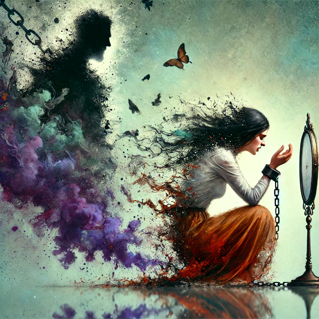 Illustration surréaliste représentant une femme en détresse, rétrécissant progressivement tandis qu’elle tend la main vers un homme manipulateur qui lui tourne le dos. Son corps se dissout en éclaboussures d’encre, symbolisant son érosion émotionnelle, tandis que des chaînes subtiles entravent ses poignets, illustrant la dépendance affective.