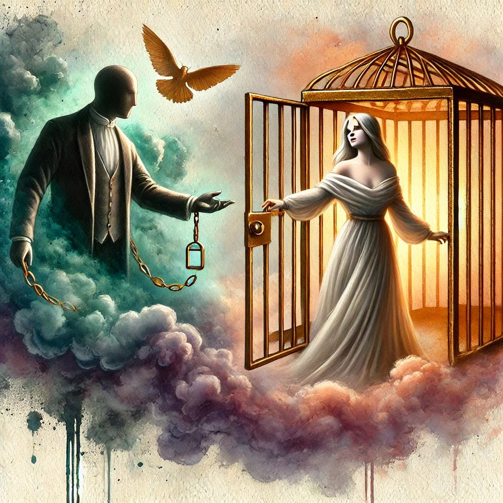 Illustration surréaliste représentant la manipulation déguisée en bienveillance. Une femme se tient dans une cage dorée ouverte, tandis qu’un homme en apparence protecteur détient symboliquement son contrôle.