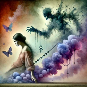 Aquarelle numérique surréaliste représentant une femme accablée par la culpabilisation dans une relation toxique, avec une arme spectrale menaçante devant elle, formée d’ombres et de brume, et un homme manipulateur en arrière-plan.