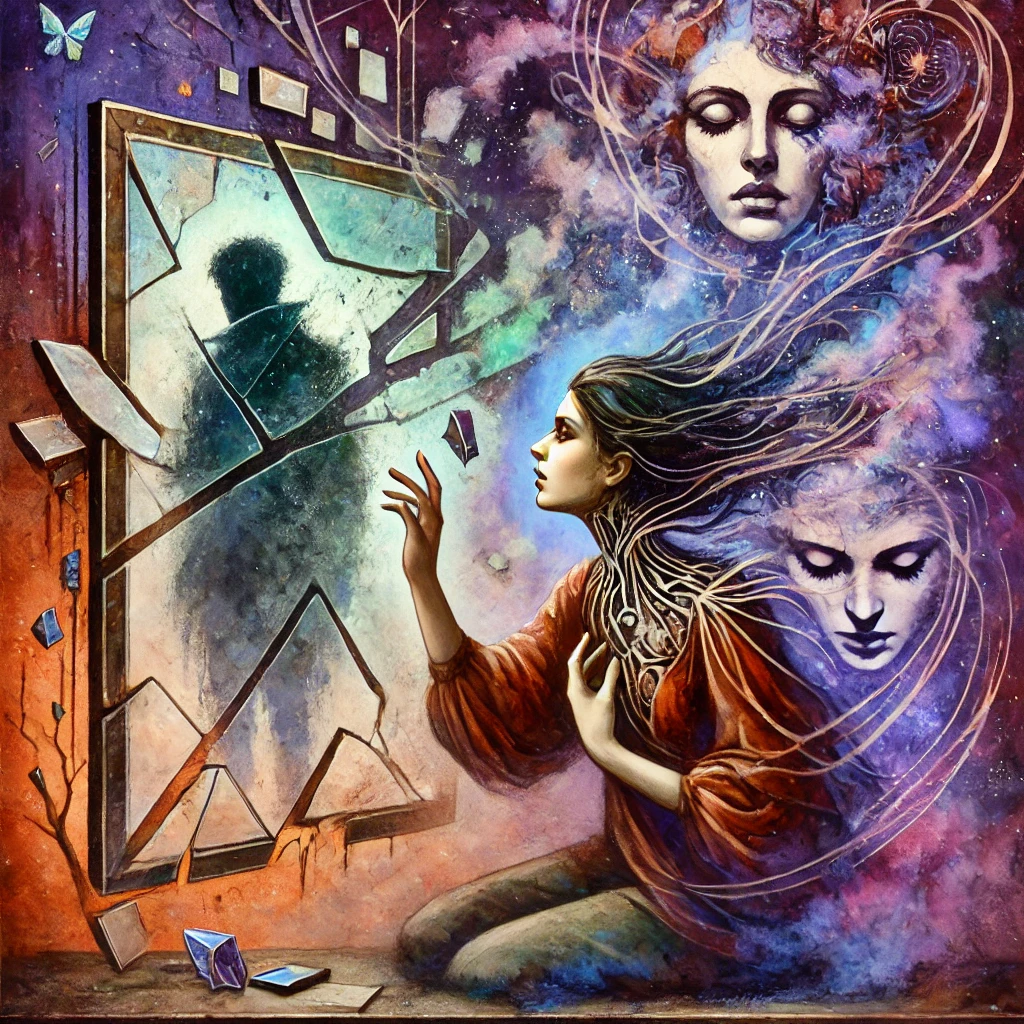 Illustration en aquarelle numérique représentant une femme troublée face à son reflet brisé dans un miroir, symbolisant la manière dont la culpabilisation altère progressivement sa perception de la réalité. Des ombres et des filaments abstraits illustrent les émotions profondes—amour, loyauté, peur—qui influencent son jugement.