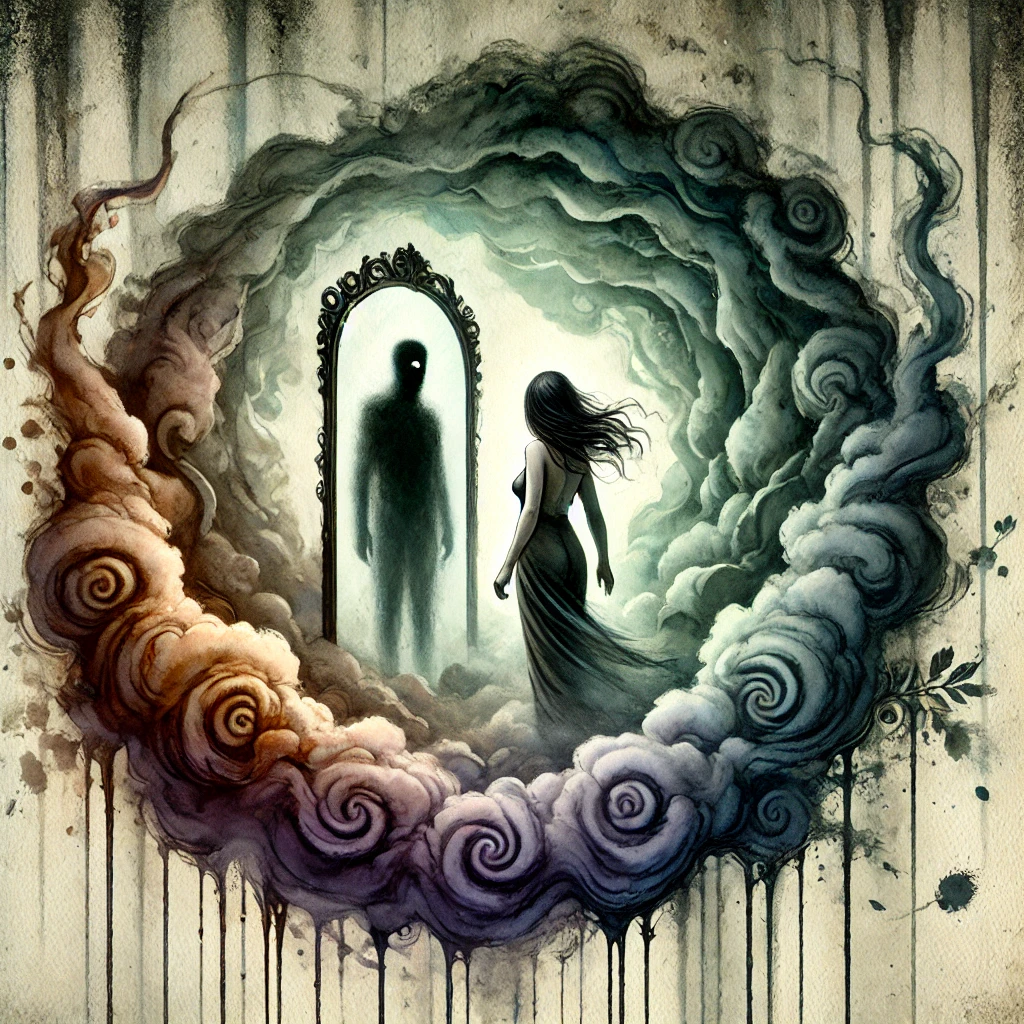 Aquarelle numérique surréaliste illustrant une femme piégée dans une spirale de brume et d’ombres, représentant la culpabilisation progressive dans une relation toxique. Son reflet dans un miroir brisé montre une version d’elle-même altérée par le doute et la manipulation.