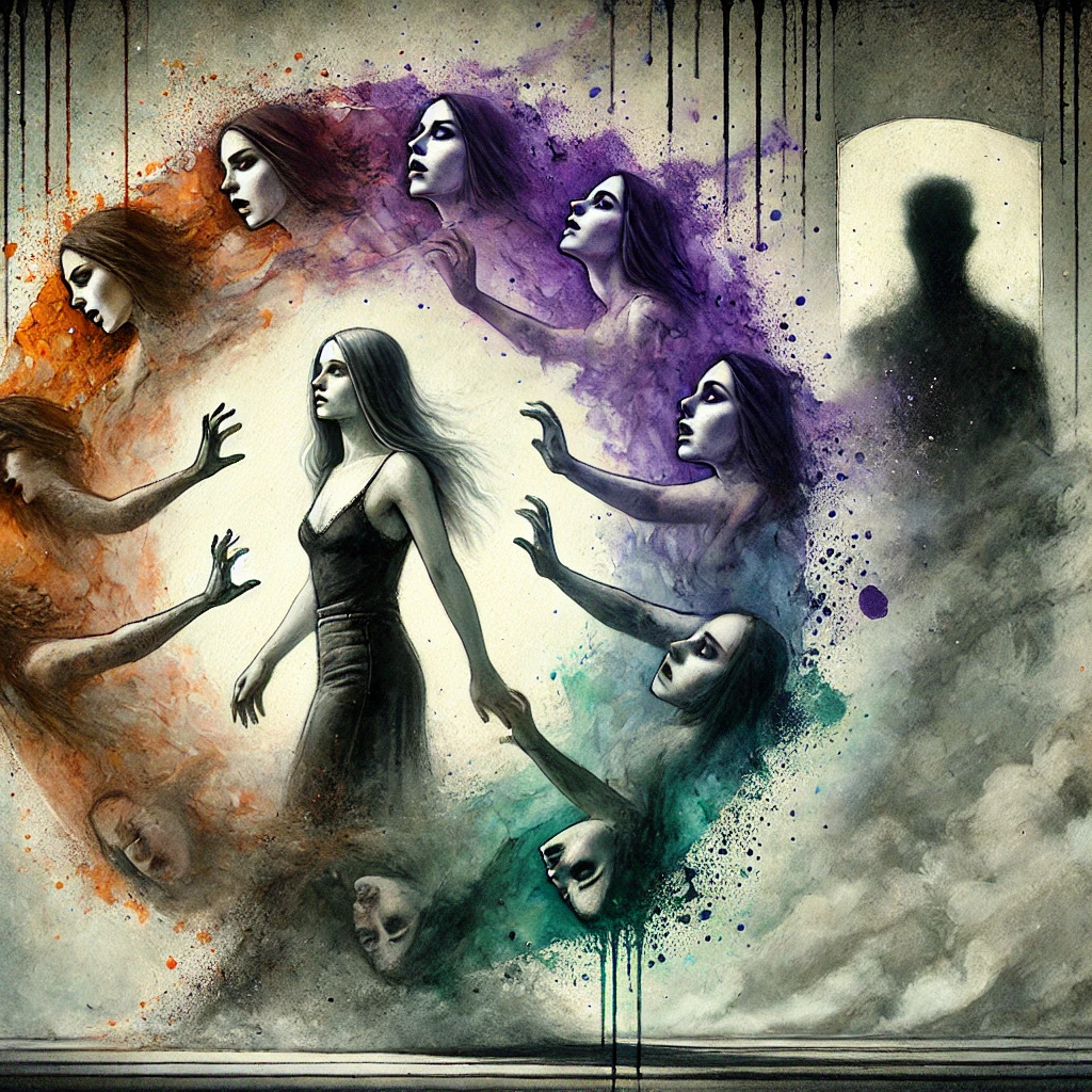 Aquarelle numérique surréaliste illustrant une femme piégée dans un cercle abstrait de brume et d’ombres, symbolisant le schéma répétitif des relations toxiques.
