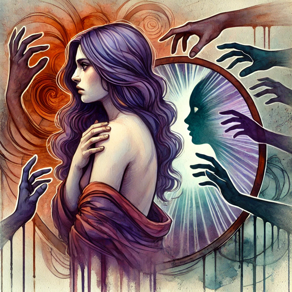 Illustration en aquarelle numérique représentant une femme troublée, perdant progressivement confiance en son propre jugement. Des ombres et des fils invisibles symbolisent l’influence insidieuse qui la pousse à se conformer aux attentes de l’autre, tandis qu’un miroir déformé reflète une version fragmentée d’elle-même, illustrant la perte de repères et la difficulté à prendre du recul.