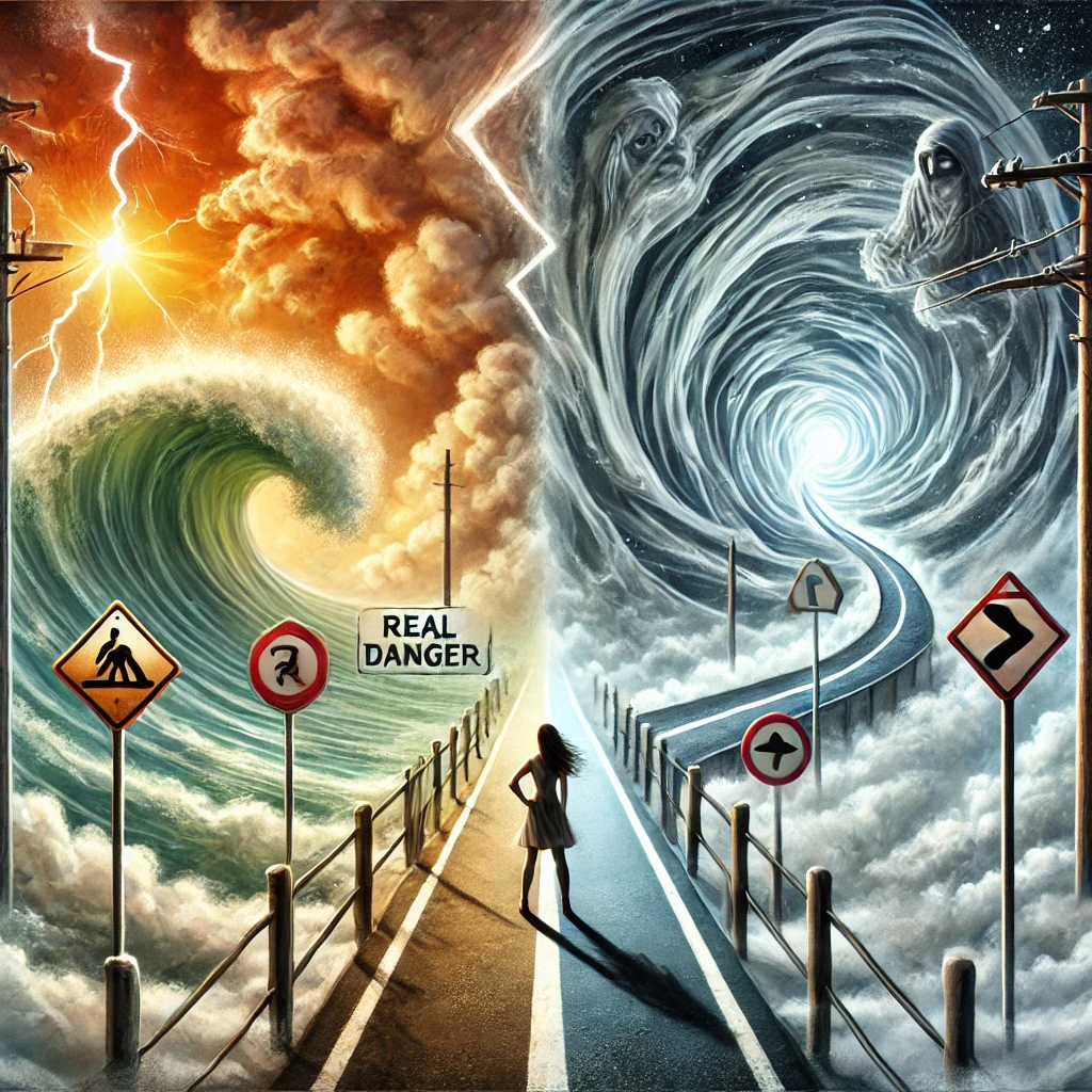 Illustration surréaliste montrant la différence entre un danger réel et un faux prétexte. Une femme hésite entre une route menant à un danger objectif et une autre où les signes sont trompeurs.
