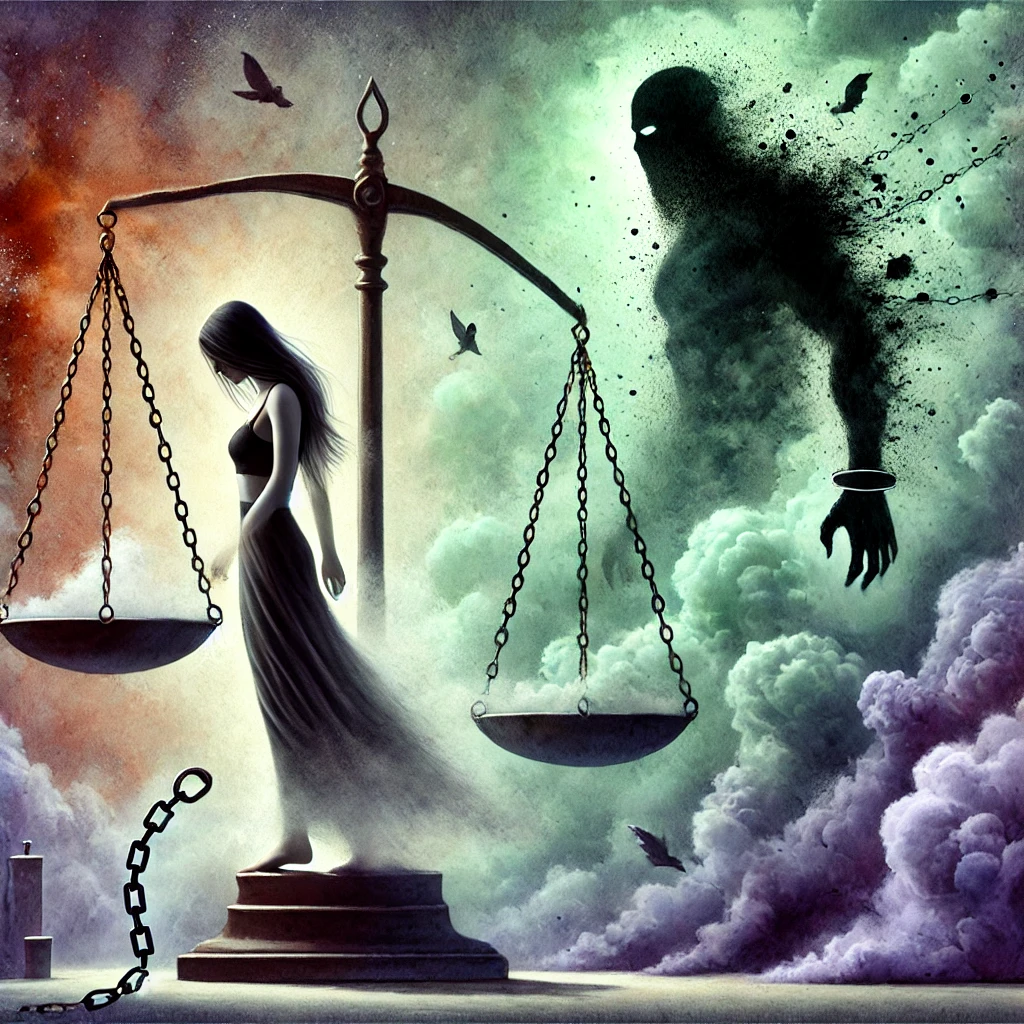 Aquarelle numérique surréaliste représentant une femme en déséquilibre sur une balance penchée, symbolisant le pouvoir inégal dans une relation toxique. Un homme menaçant pèse lourdement sur l’autre côté, créant une oppression invisible.
