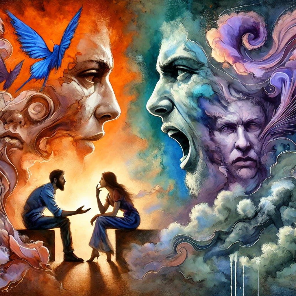 Illustration en aquarelle numérique représentant la différence entre une phrase qui ouvre un dialogue et une qui provoque un malaise. À gauche, une discussion fluide et bienveillante. À droite, une interaction tendue où la culpabilisation crée une atmosphère lourde et oppressante.