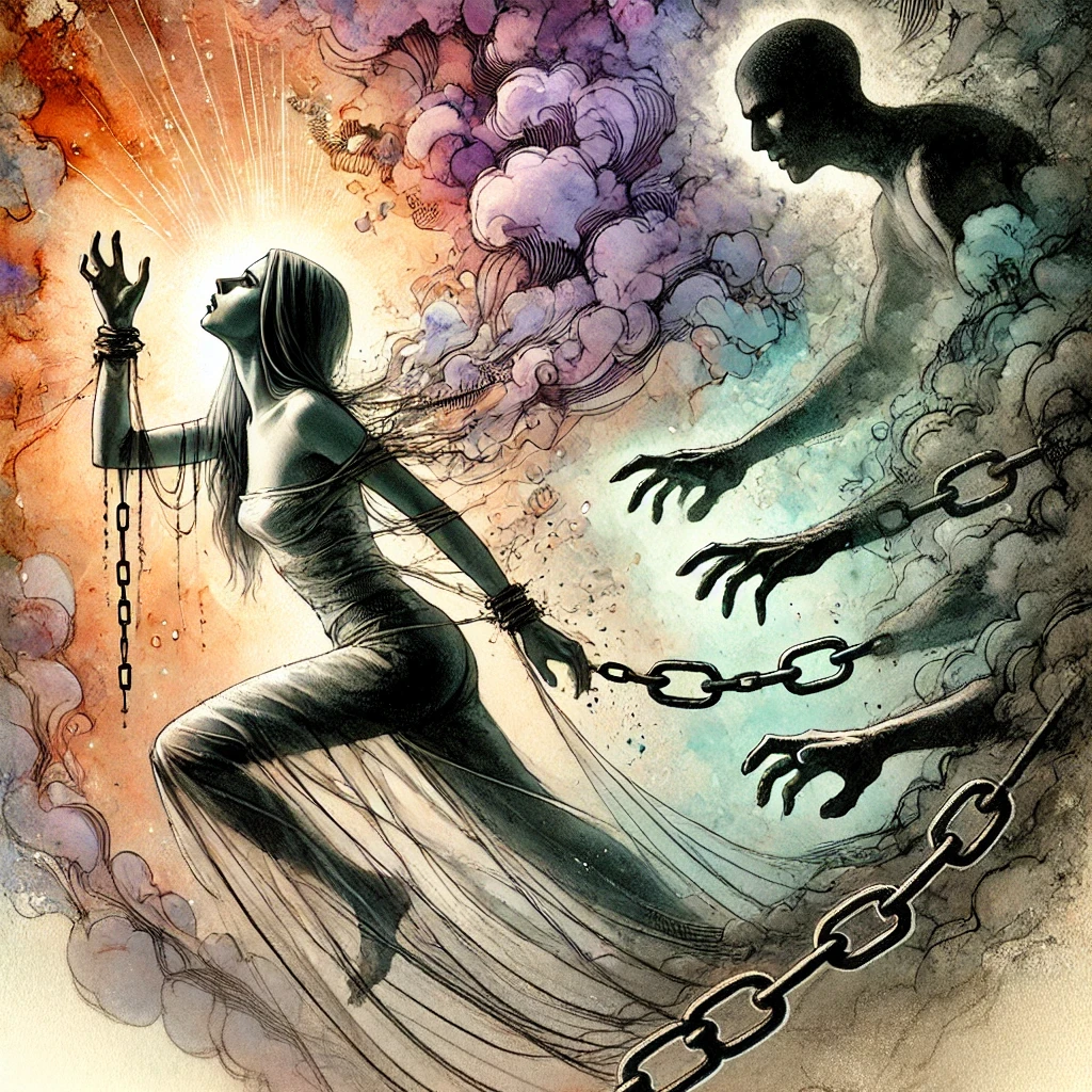Aquarelle numérique surréaliste illustrant une femme luttant pour se libérer d’une relation toxique. Des chaînes brumeuses et des mains spectrales la retiennent, tandis qu’un homme sombre plane en arrière-plan.