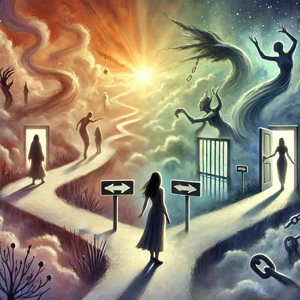 Illustration surréaliste représentant une femme à un carrefour, choisissant comment réagir face à la manipulation déguisée en bienveillance. Différents chemins symbolisent l’hésitation, l’autonomie, la fixation de limites et la prise de distance.