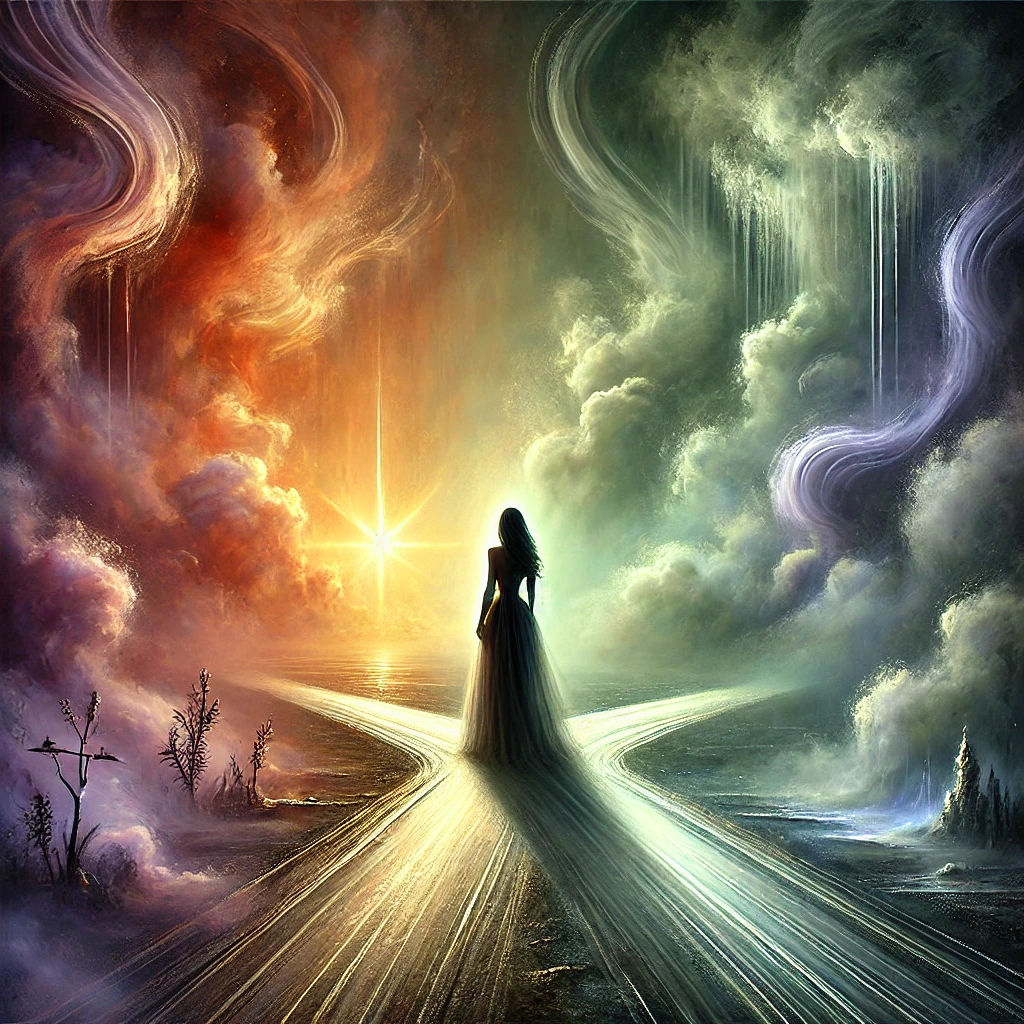 Femme debout à un carrefour, hésitant entre un chemin lumineux et un chemin sombre, symbolisant l’évaluation de la distance nécessaire face à une relation toxique.