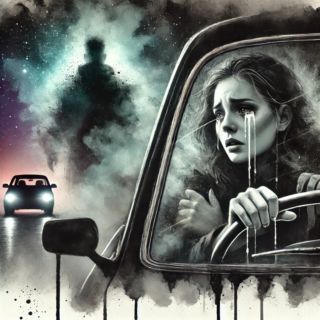 Illustration artistique d’une femme en détresse dans une voiture, agrippant la poignée avec angoisse, symbolisant la peur et l’enfermement dans une relation toxique.