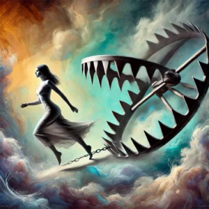 Femme évitant un piège à loup, marchant avec assurance, symbolisant la libération d’une manipulation et la reprise de contrôle.