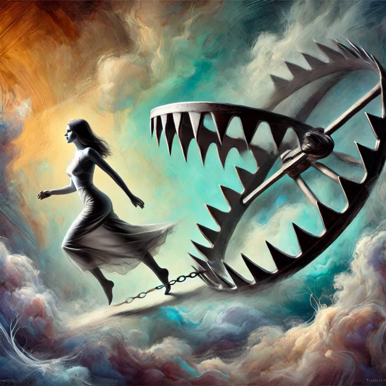 Femme évitant un piège à loup, marchant avec assurance, symbolisant la libération d’une manipulation et la reprise de contrôle.