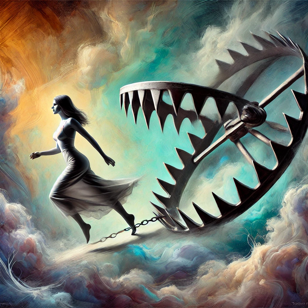 Femme évitant un piège à loup, marchant avec assurance, symbolisant la libération d’une manipulation et la reprise de contrôle.