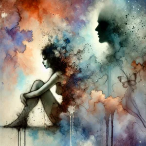 Illustration artistique représentant une femme en détresse, assise dans l'ombre, avec un visage fragmenté se dissolvant en éclaboussures d'encre, symbolisant l'emprise psychologique et la perte d'identité.